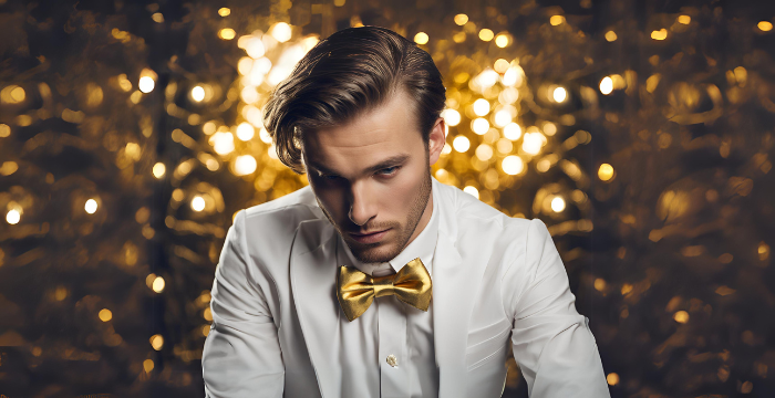 men wearing gold bowtie white suit