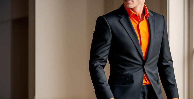 men's black suit orange shirt