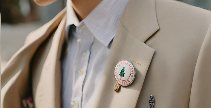 white suit with lapel pin
