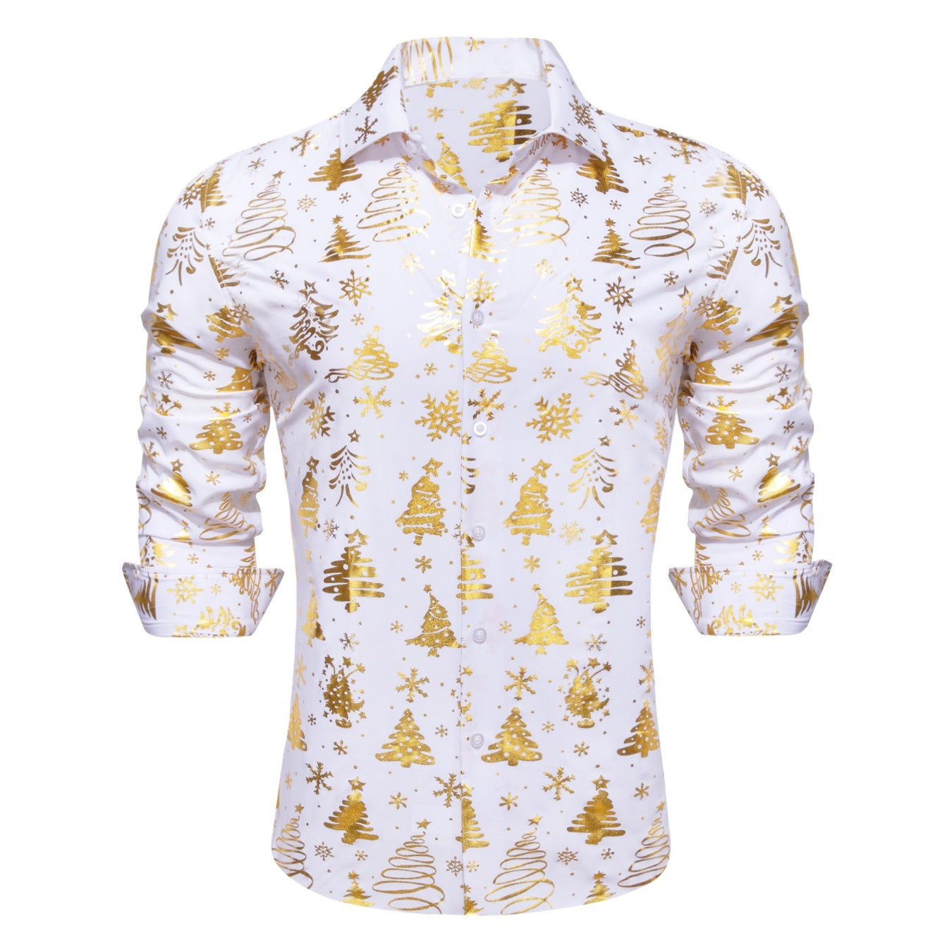 Barry. Wang Holiday White Dress Shirt Gold Snowflake Pattern Long Sleeve Button Up Shirt