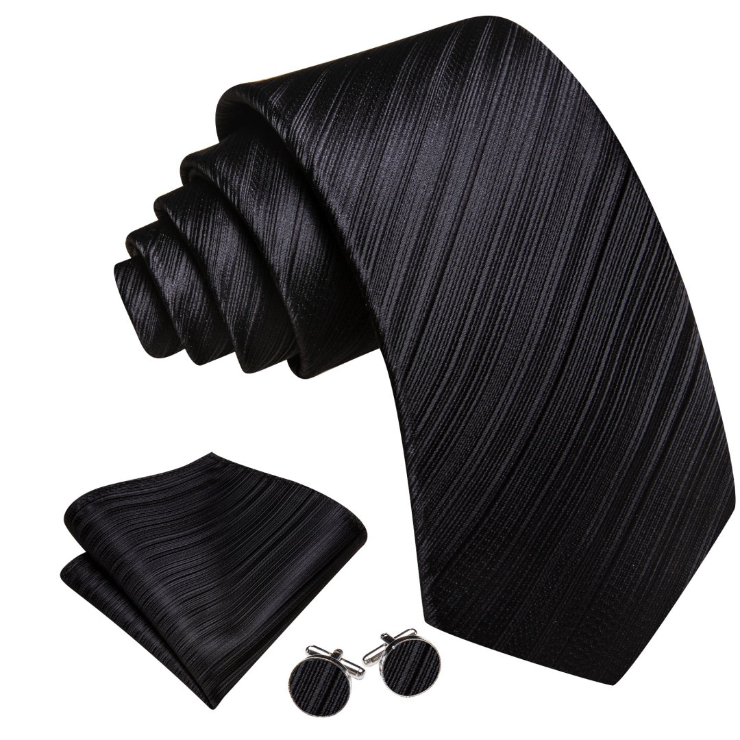 Barry. Wang Mens Solid Black Tie Silk Striped Tie Pocket Square Cufflinks Set