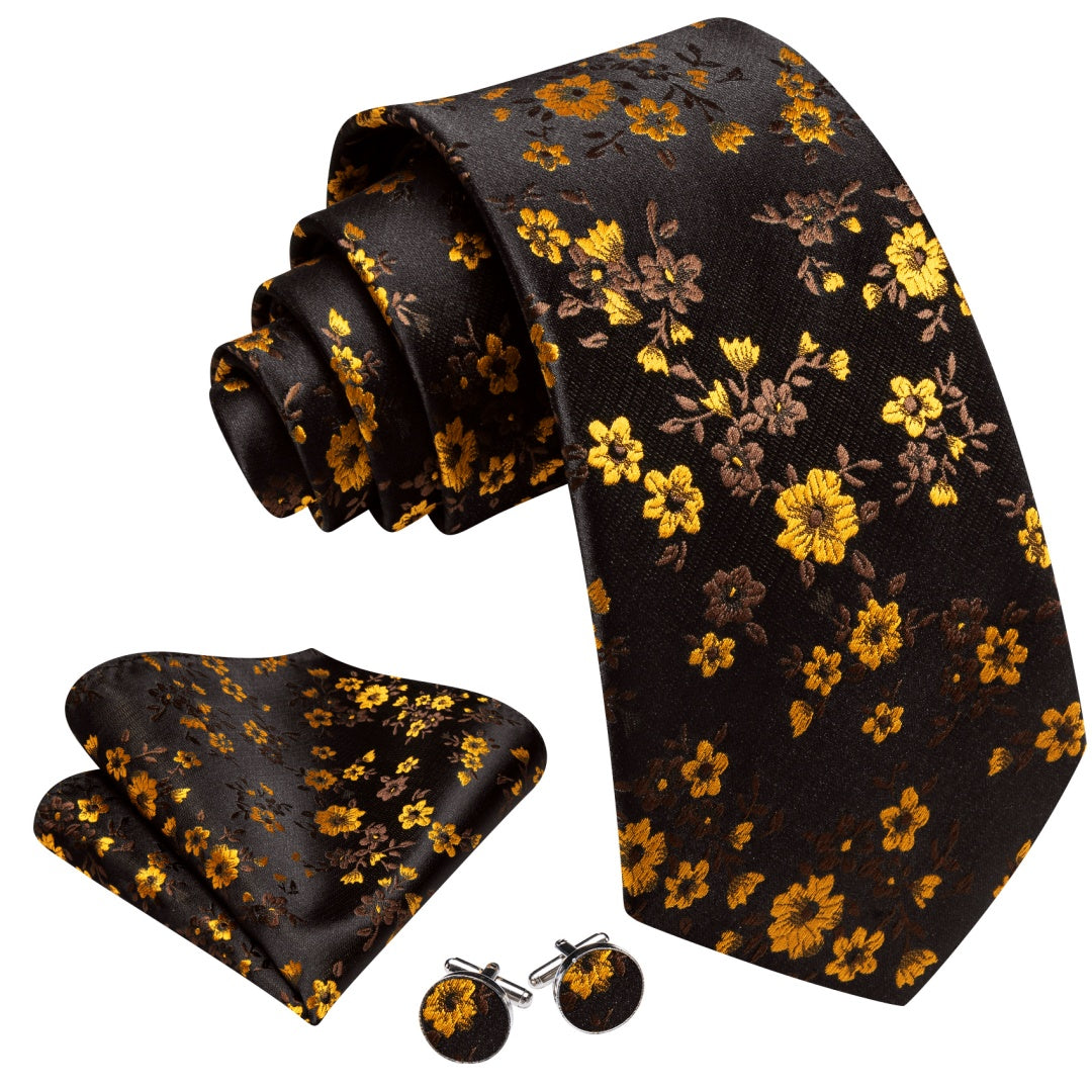 Barry. Wang Men's Dark Lava and Yellow Floral Tie for Men Silk Necktie Set