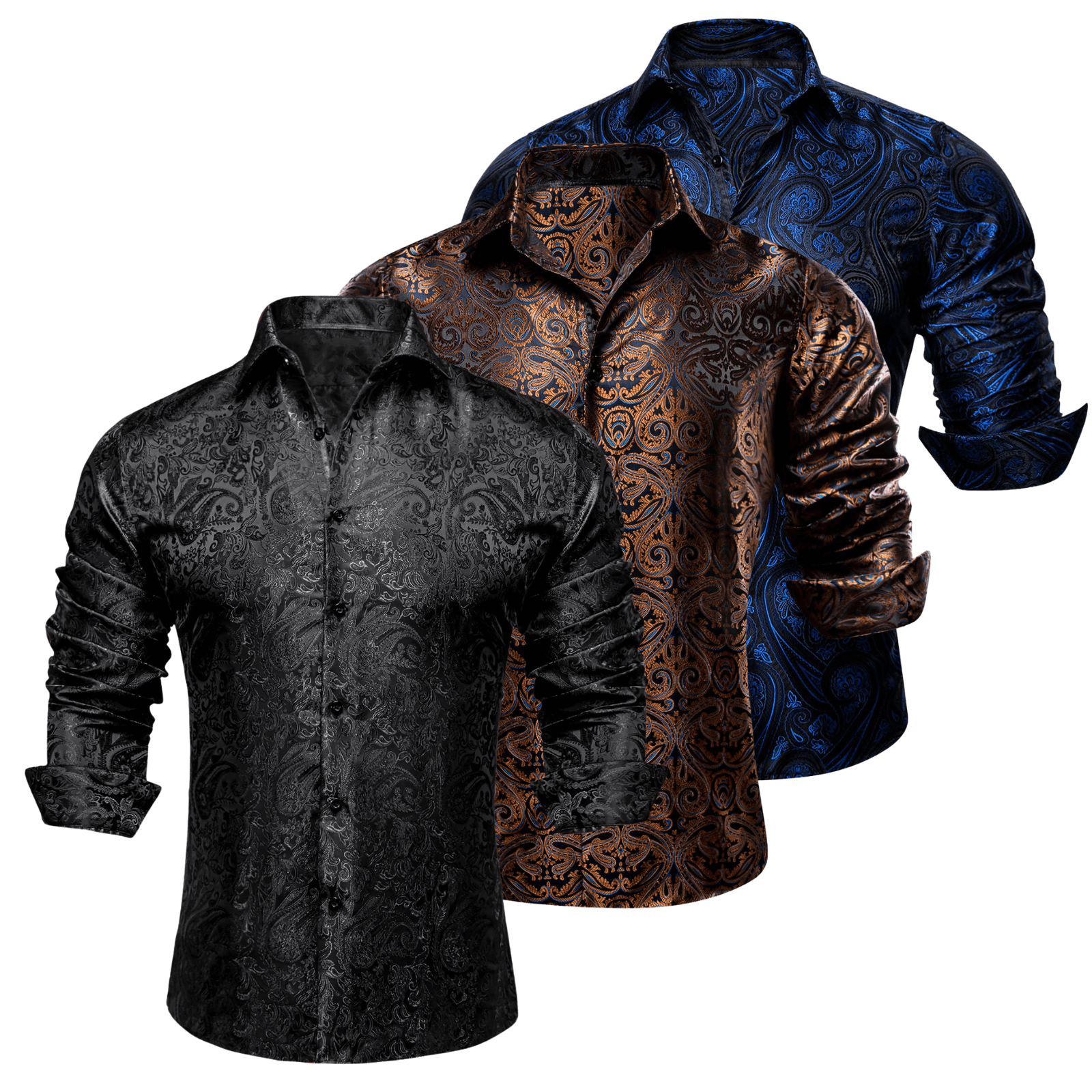 Barry.Wang 3pcs Mens Dress Shirts Black Brown Blue Paisley Shirt Silk Shirt