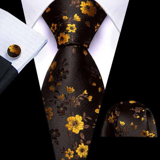 Barry. Wang Men's Dark Lava and Yellow Floral Tie for Men Silk Necktie Set