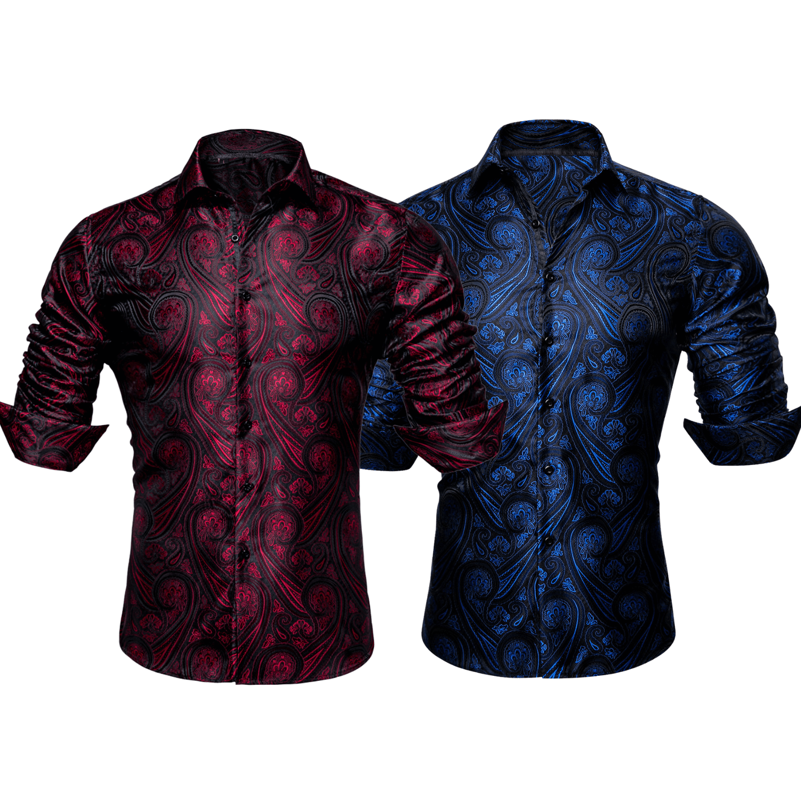 Barry.Wang 2pcs Mens Shirts Burgundy Navy Paisley Shirt Silk Shirt