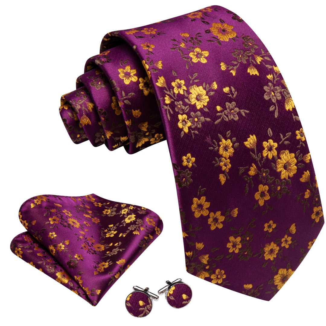 Barry. Wang Silk Ties Purple and Yellow Floral Ties for Wedding Tie Set
