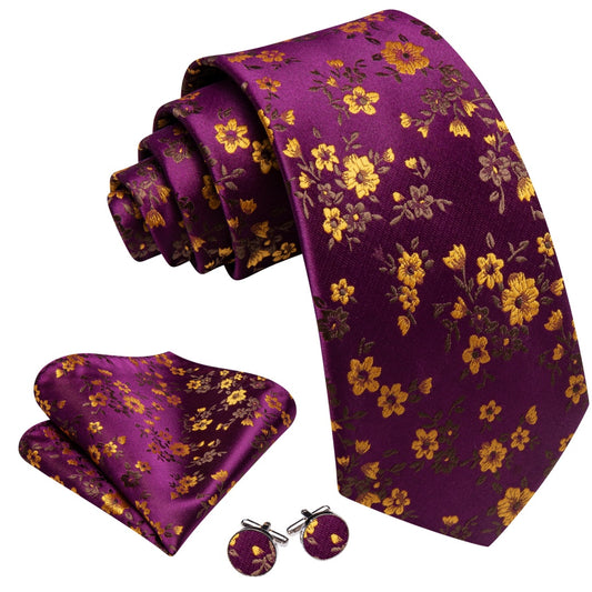 Barry. Wang Silk Ties Purple and Yellow Floral Ties for Wedding Tie Set