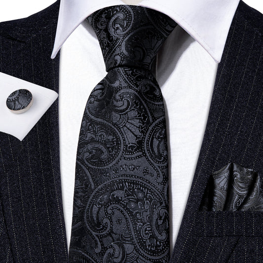 Barry. Wang Classic Black Floral Silk Tie Hanky Cufflinks Set