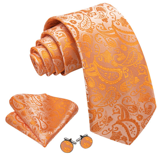 Barry. Wang Mens Orange Tie Paisley Designer Wedding Tie Pocket Square Cufflinks Set