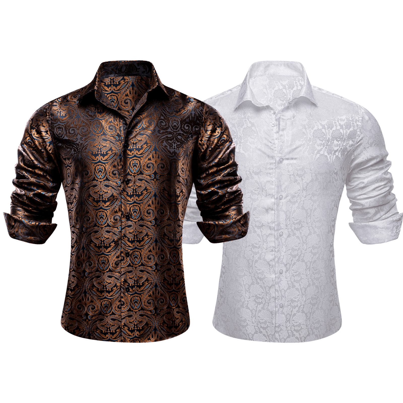 Barry.Wang 2pcs Mens Shirts White Brown Paisley Shirt Silk Shirt