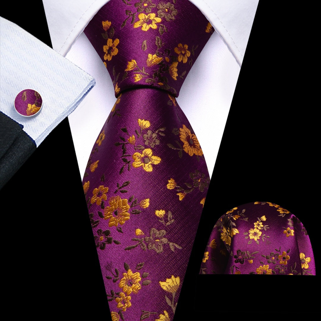 Barry. Wang Silk Ties Purple and Yellow Floral Ties for Wedding Tie Set