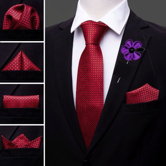Barry. Wang Neck Tie Fresh Red Plaid Tie Pocket Square Cufflinks Set