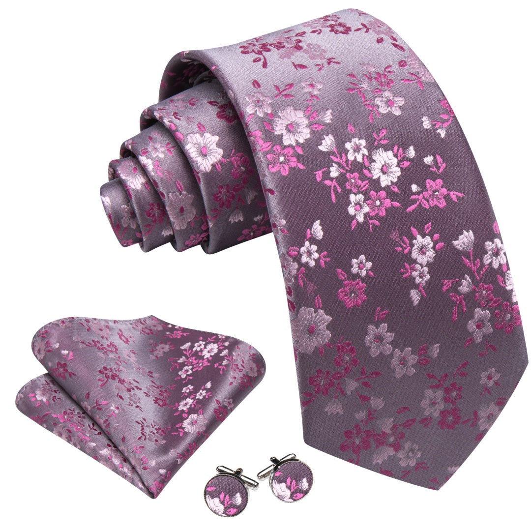 Barry. Wang Mens Pastel Purple Floral Tie for Men Wedding Silk Necktie Set