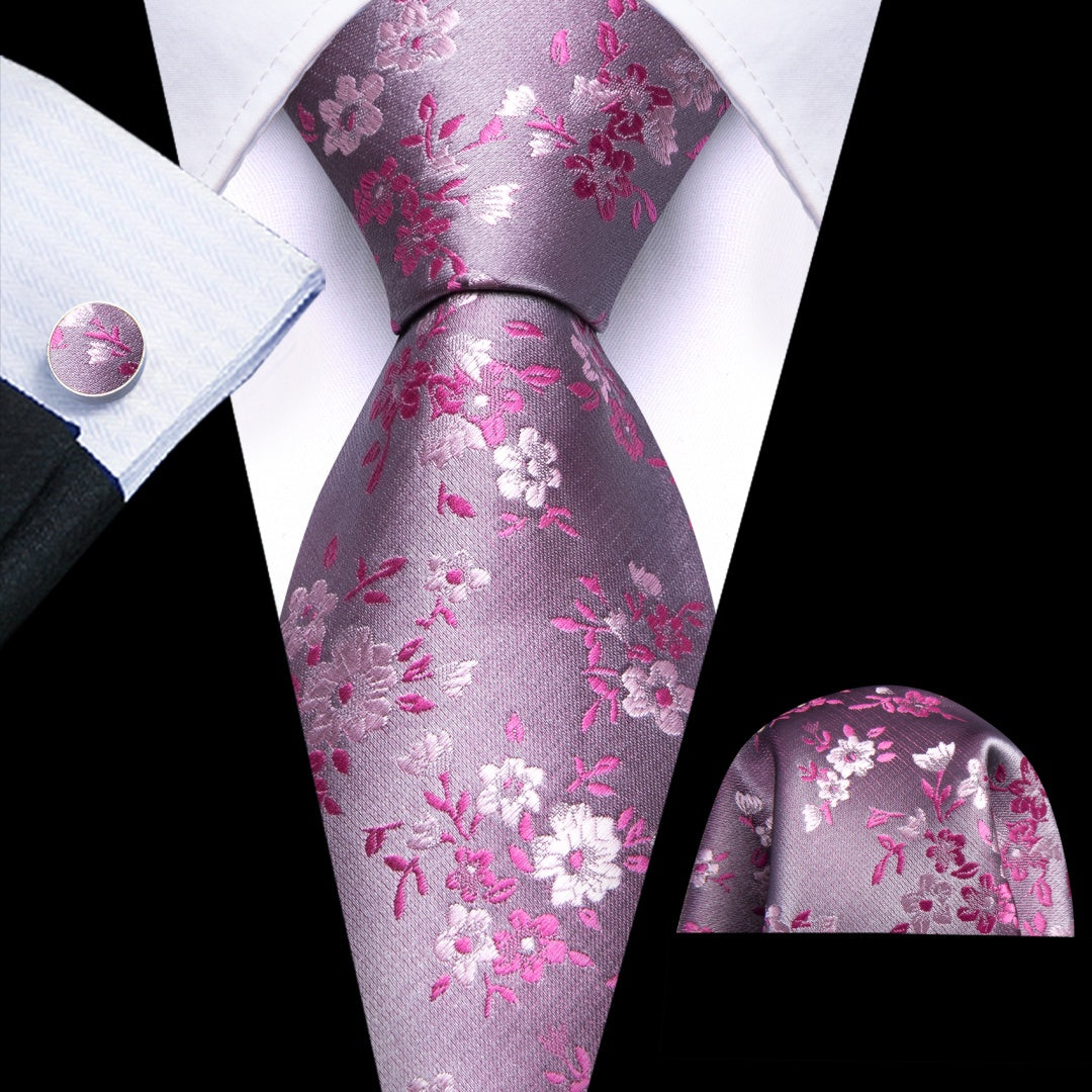 Barry. Wang Mens Pastel Purple Floral Tie for Men Wedding Silk Necktie Set