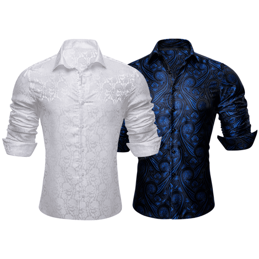 Barry.Wang 2pcs Mens Shirts White Blue Paisley Shirt Silk Shirt
