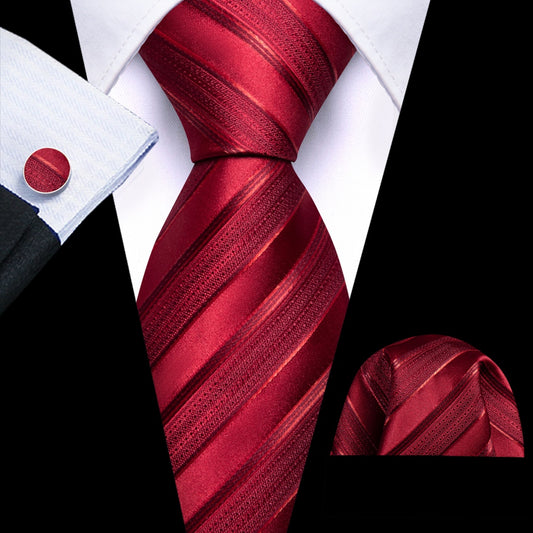 Barry. Wang Solid Red Ties Striped Ties for Men Business Wedding Necktie Set