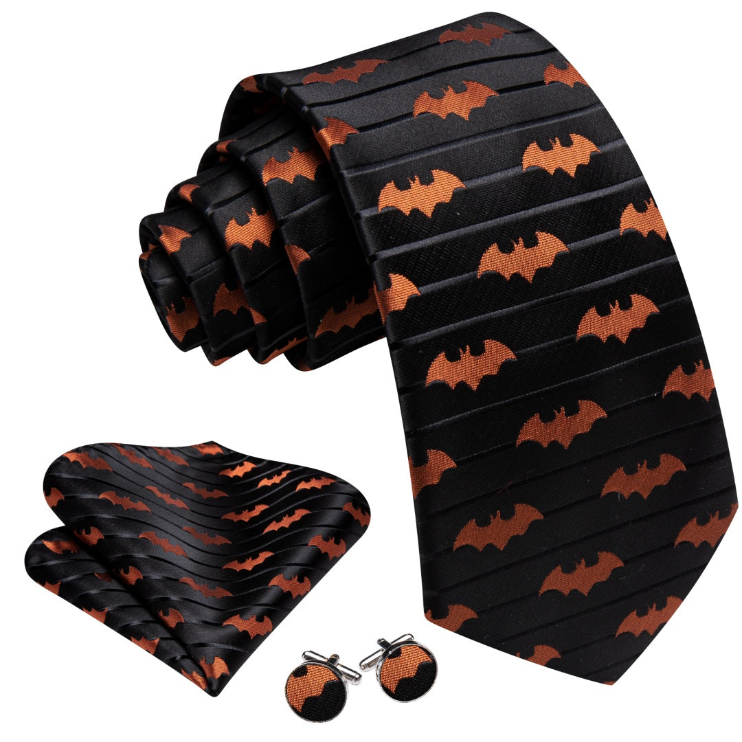 Barry. Wang Bat Tie Jacquard Orange Bat Black Novelty Necktie Hanky Cufflinks Set