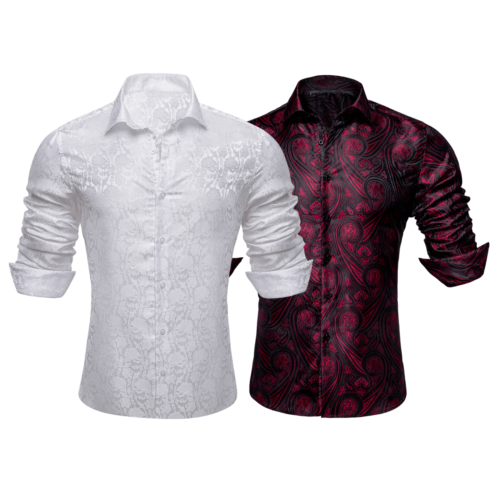 Barry.Wang 2pcs Mens Shirts White Burgundy Paisley Shirt Silk Shirt
