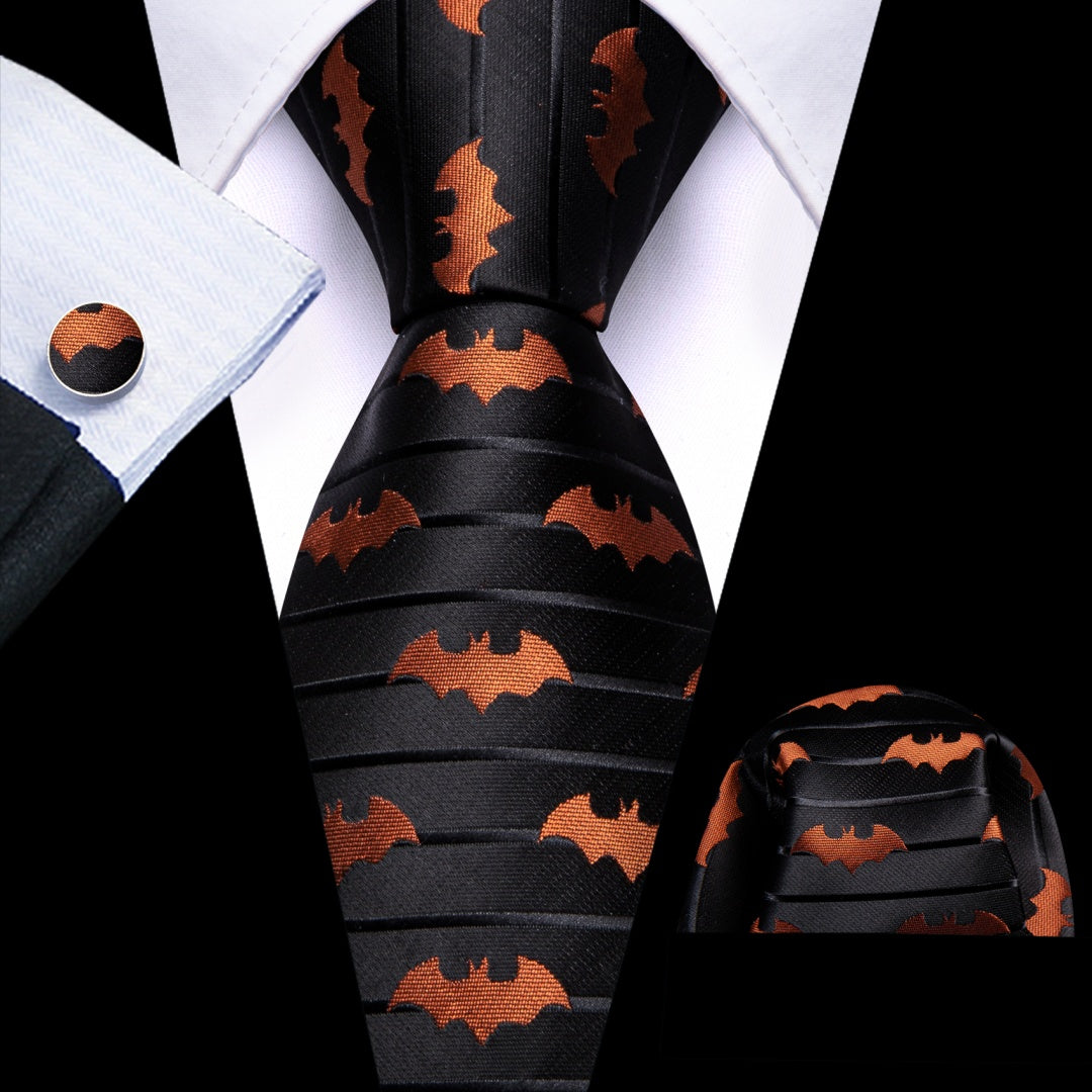 Barry. Wang Bat Tie Jacquard Orange Bat Black Novelty Necktie Hanky Cufflinks Set