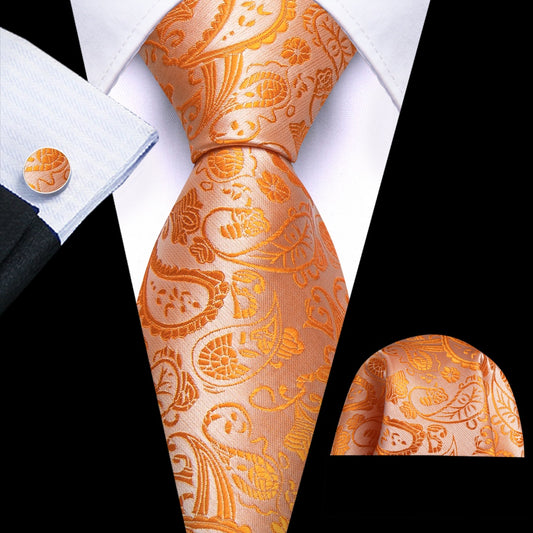 Barry. Wang Mens Orange Tie Paisley Designer Wedding Tie Pocket Square Cufflinks Set