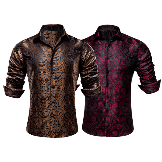 Barry.Wang 2pcs Mens Shirts Brown Burgundy Paisley Shirt Silk Shirt