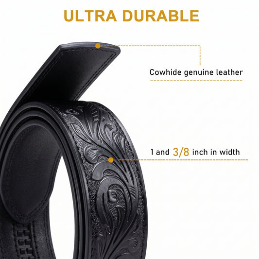 Barry. Wang Men's Black Embossed Leather Belt Ratchet Dress Belt Automatic Hollow Frame Buckle