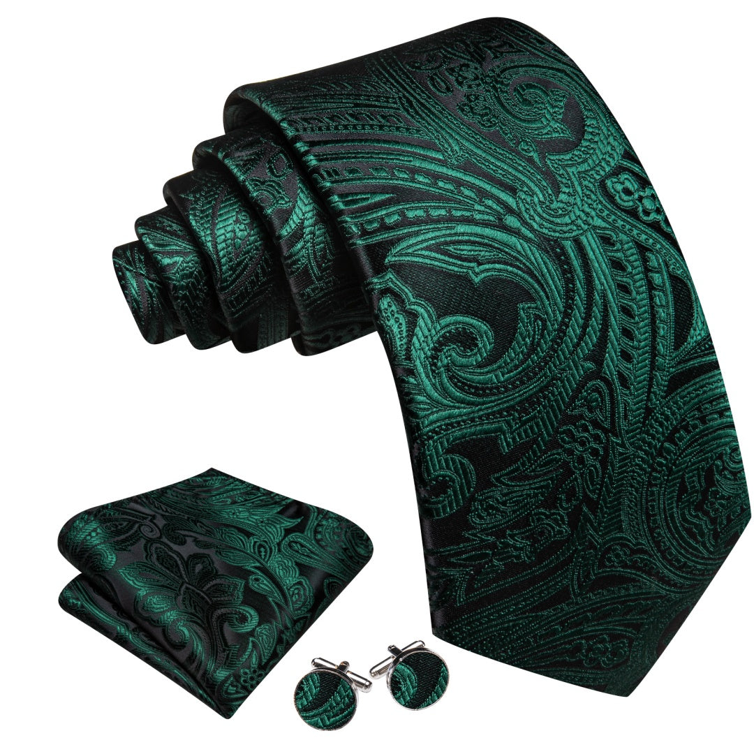 Barry. Wang Dark Green Tie Paisley Neck Tie Pocket Square Cufflinks Set