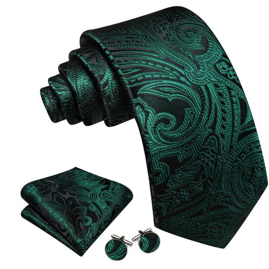 Barry. Wang Dark Green Tie Paisley Neck Tie Pocket Square Cufflinks Set