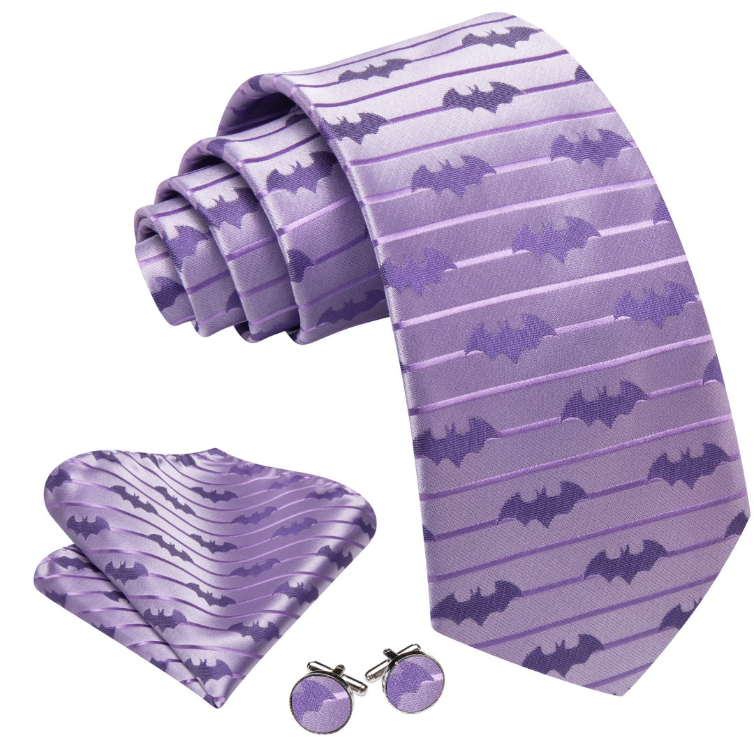 Barry. Wang Bat Tie Jacquard Lavender Purple Bat Black Novelty Necktie Hanky Cufflinks Set