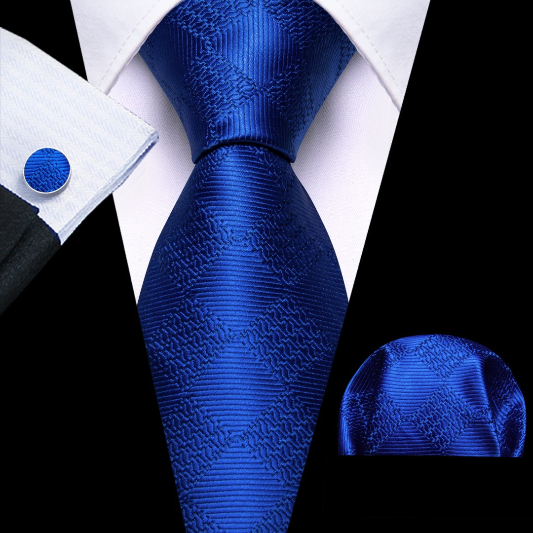 Barry. Wang Mens Dark Blue Plaid Tie Pocket Square Cufflinks Set