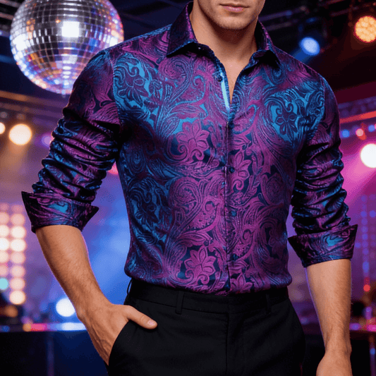 Barry. Wang Mens Purple Dress Shirt 70s Disco Paisley Shirt Button Down Long Sleeve Tops
