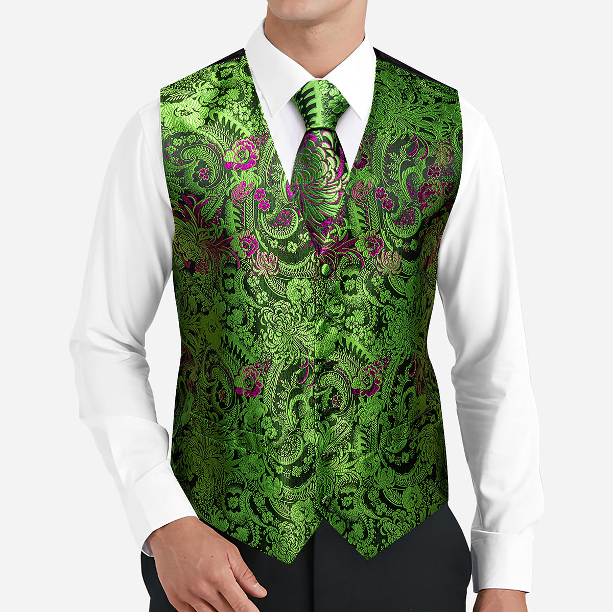 Barry. Wang Men Green Vest Paisley Jacquard Dress Vest Necktie Hanky Cufflinks Set