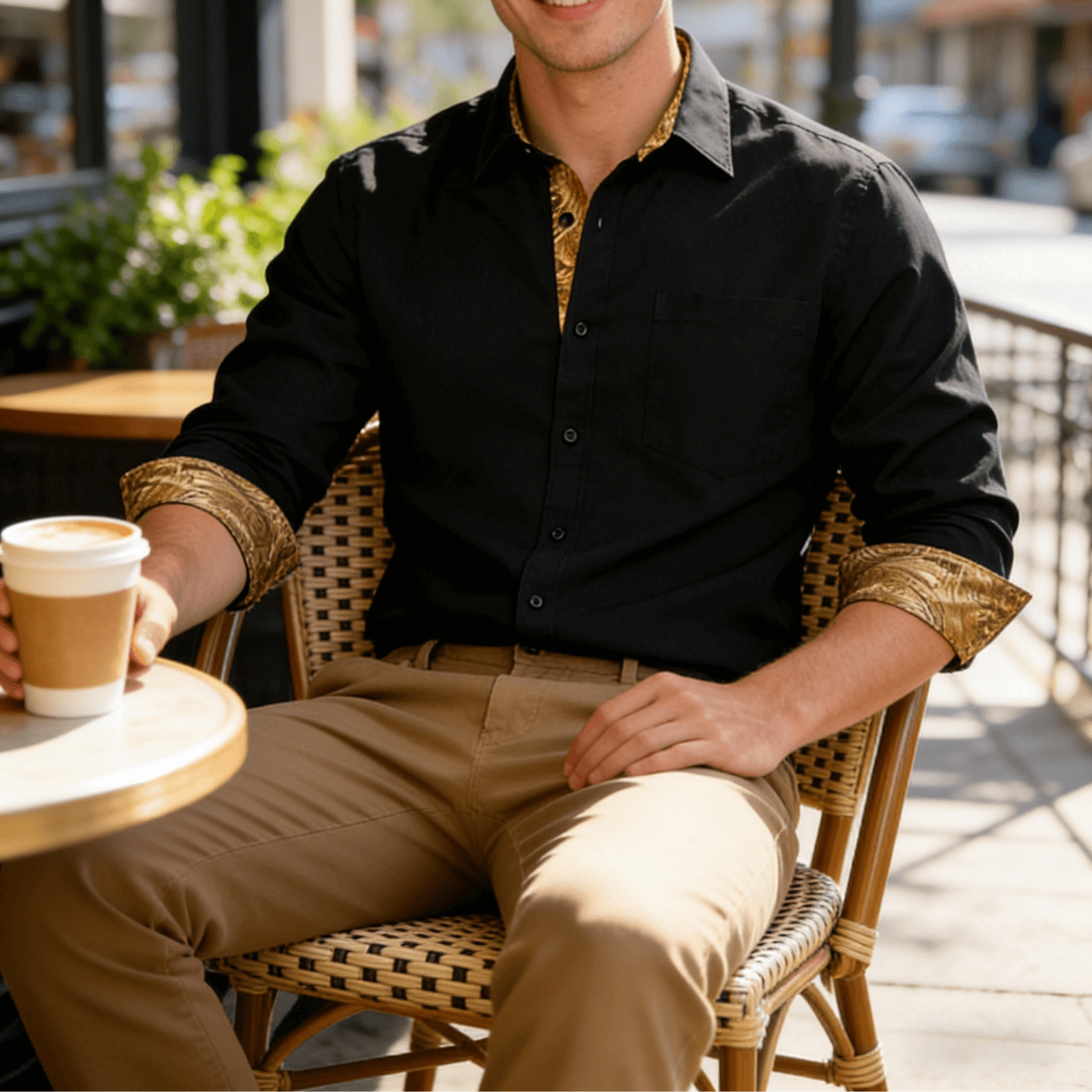 Barry. Wang Black Gold Splicing Shirt Mens Silk Long Sleeve Button Down Business Shirt