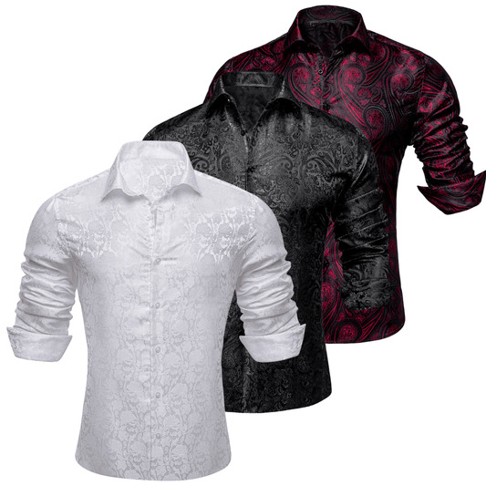 Barry.Wang 3pcs Mens Dress Shirts Black Burgundy White Paisley Shirt Silk Shirt