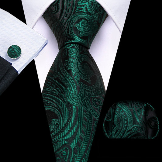 Barry. Wang Dark Green Tie Paisley Neck Tie Pocket Square Cufflinks Set