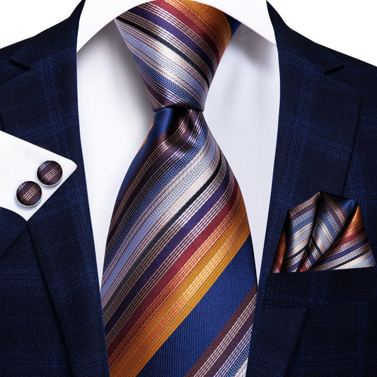 Barry. Wang Orange Blue Striped Men Tie Pocket Square Cufflinks Set