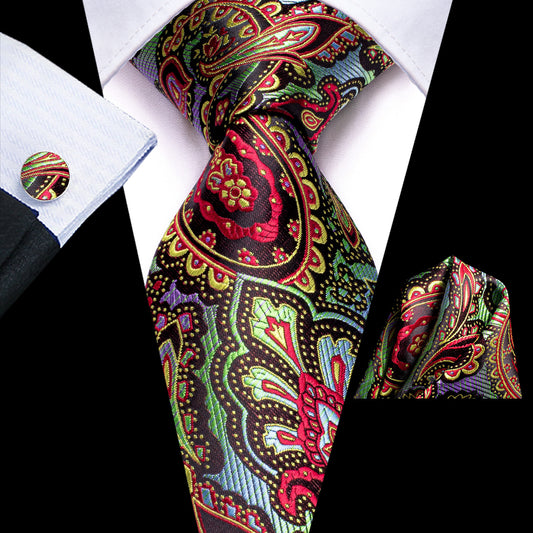 Barry. Wang Mens Silk Tie Green Brown Red Paisley Tie Pocket Square Cufflinks Set