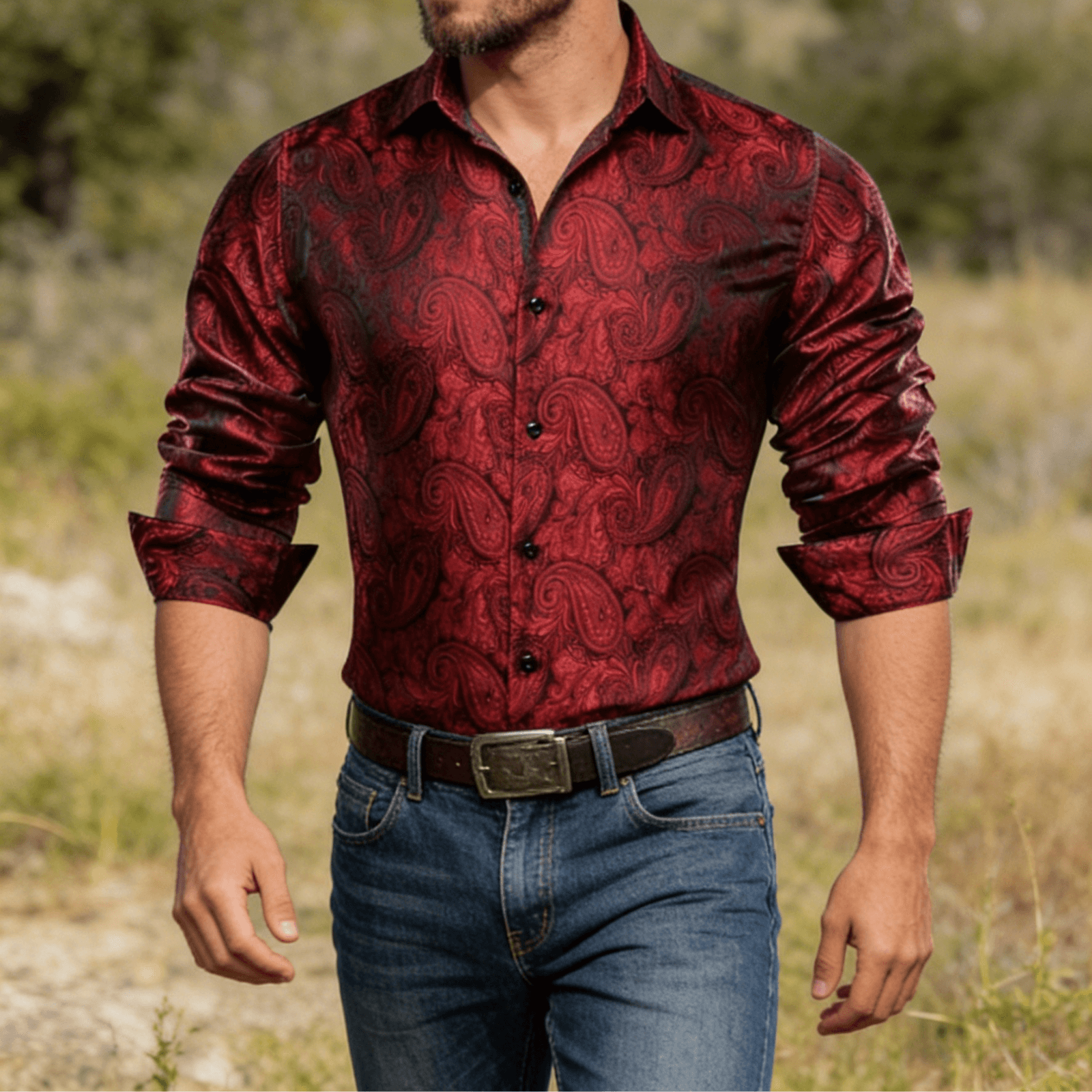 Barry. Wang Burgundy Paisley Dress Shirt Silk Long Sleeve Button Down Formal Shirt