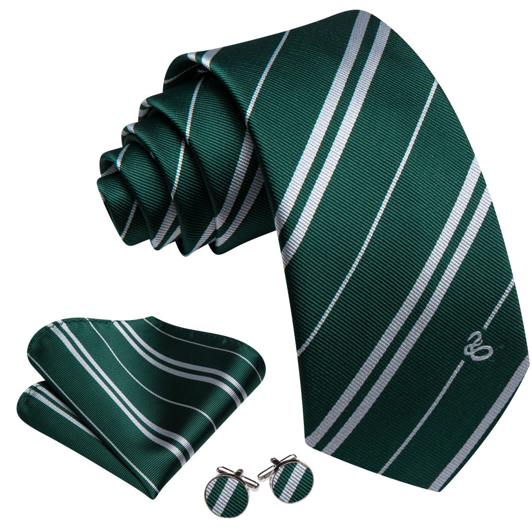 Barry. Wang Mens Dark Green Silver Striped Tie Set for Men