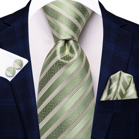 Barry. Wang Sage Green Tie Striped Silk Tie Pocket Square Cufflinks Set