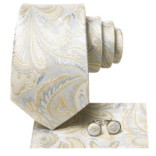 Barry. Wang Champagne Paisley Mens Silk Tie Pocket Square Cufflinks Set