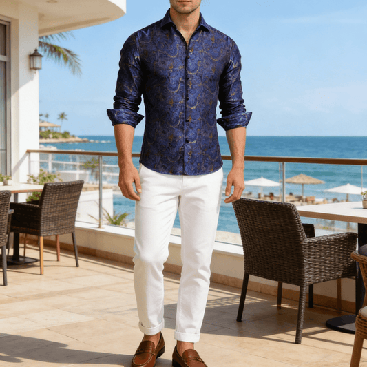 Barry. Wang Mens Paisley Dress Shirt Navy Blue 70s Disco Long Sleeve Button Down Shirt