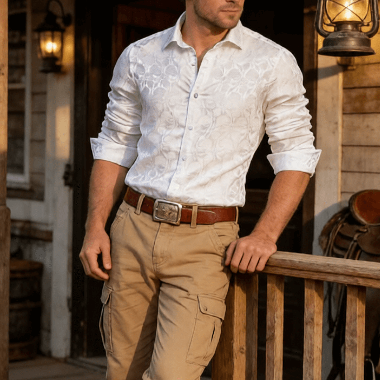 Barry. Wang Mens White Dress Shirt Paisley Silk Long Sleeve Button Down Shirt