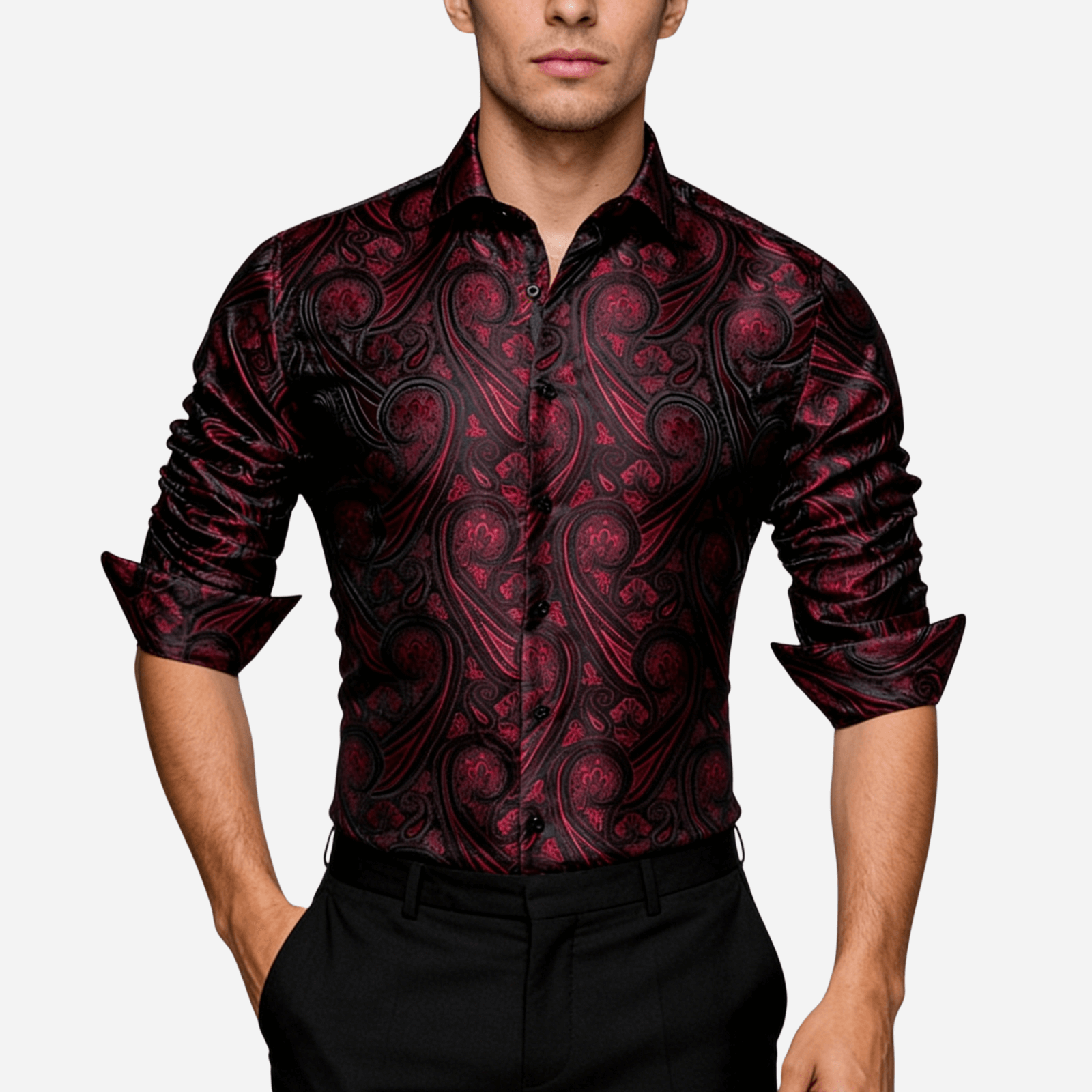 Barry. Wang Mens Western Shirt Silk Burgundy Paisley Long Sleeve Button Down Dress Shirt