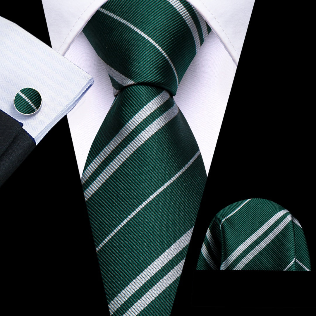 Barry. Wang Mens Dark Green Silver Striped Tie Set for Men