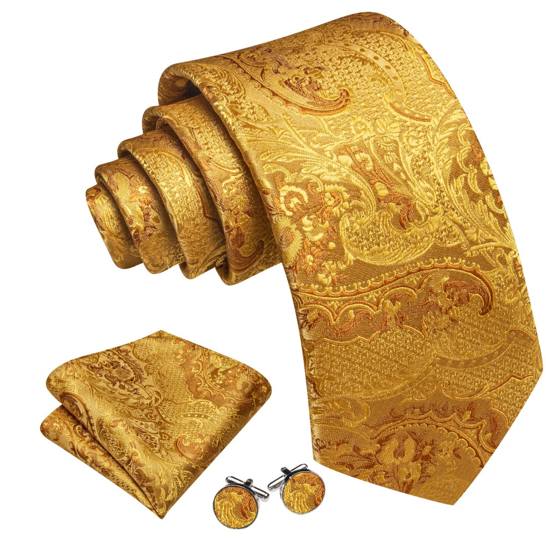 Barry. Wang Men's Floral Tie Gold Color Tie and Pocket Square Cufflinks Set