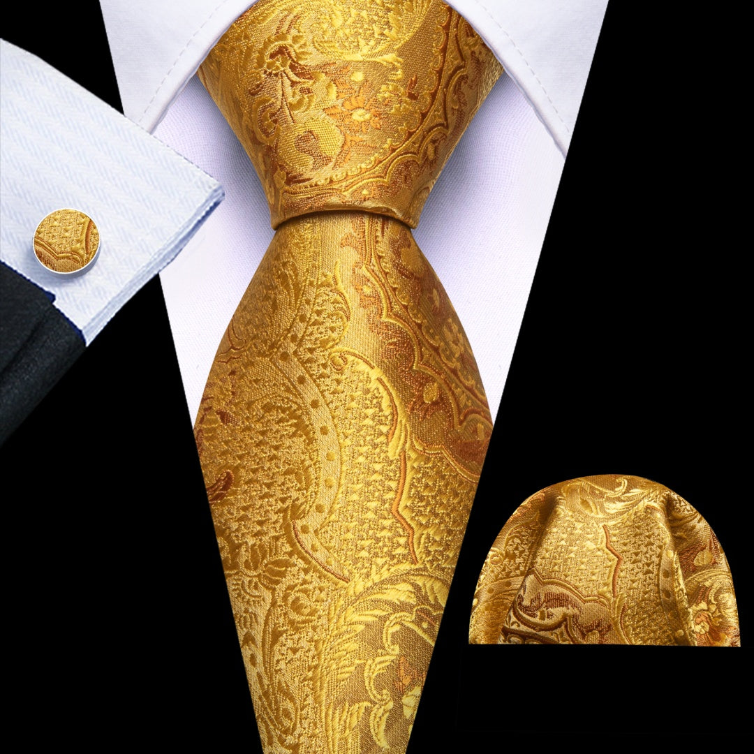 Barry. Wang Men's Floral Tie Gold Color Tie and Pocket Square Cufflinks Set