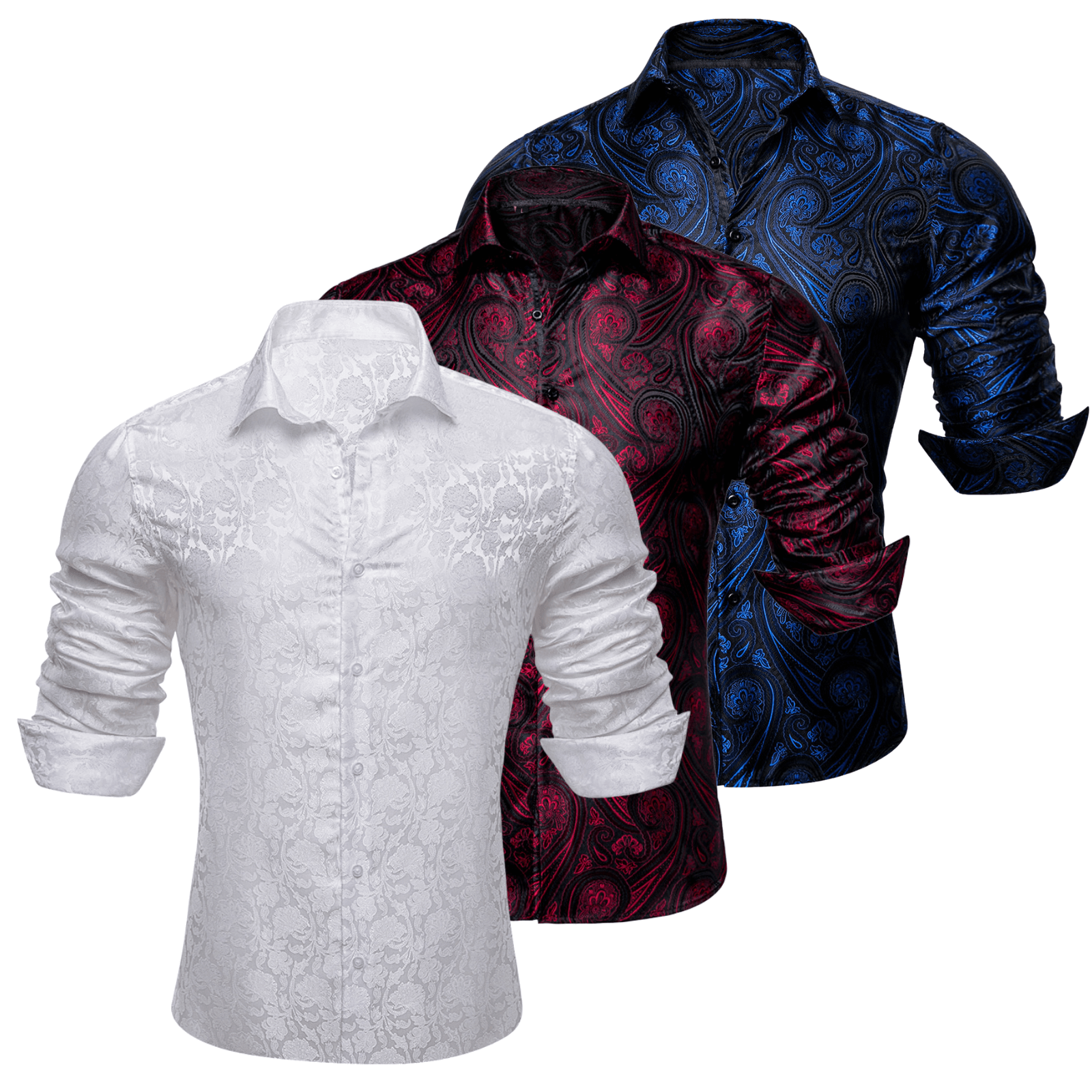 Barry.Wang 3pcs Mens Dress Shirts White Burgundy Blue Paisley Shirt Silk Shirt