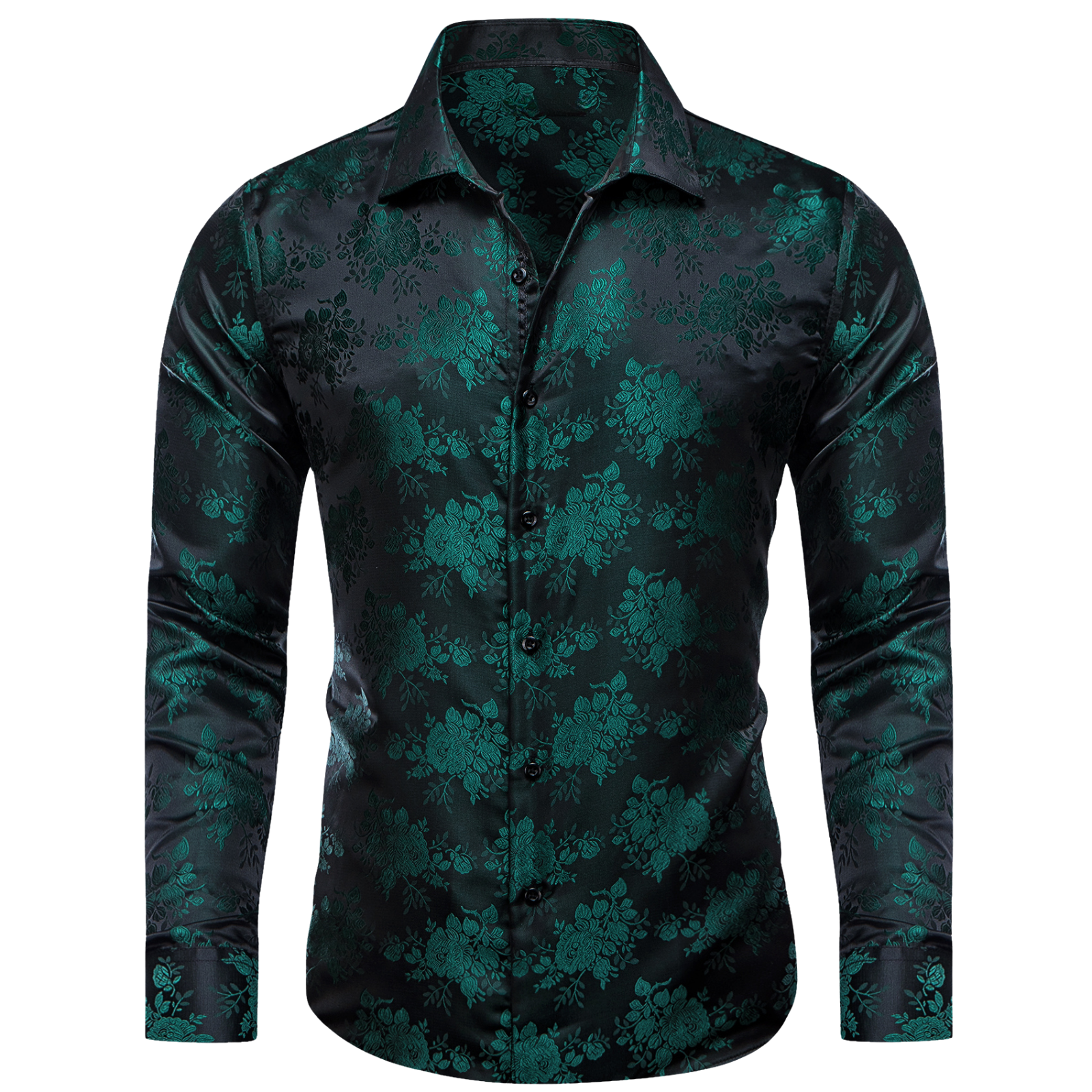 Barry. Wang Mens Silk Hunter Green Dress Shirt Floral Jacquard Long Sleeve Button Down Shirt