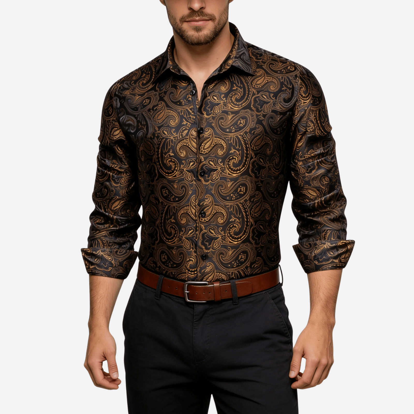 Barry. Wang Gold Casual Shirt for Men Paisley Long Sleeve Button Down Shirt
